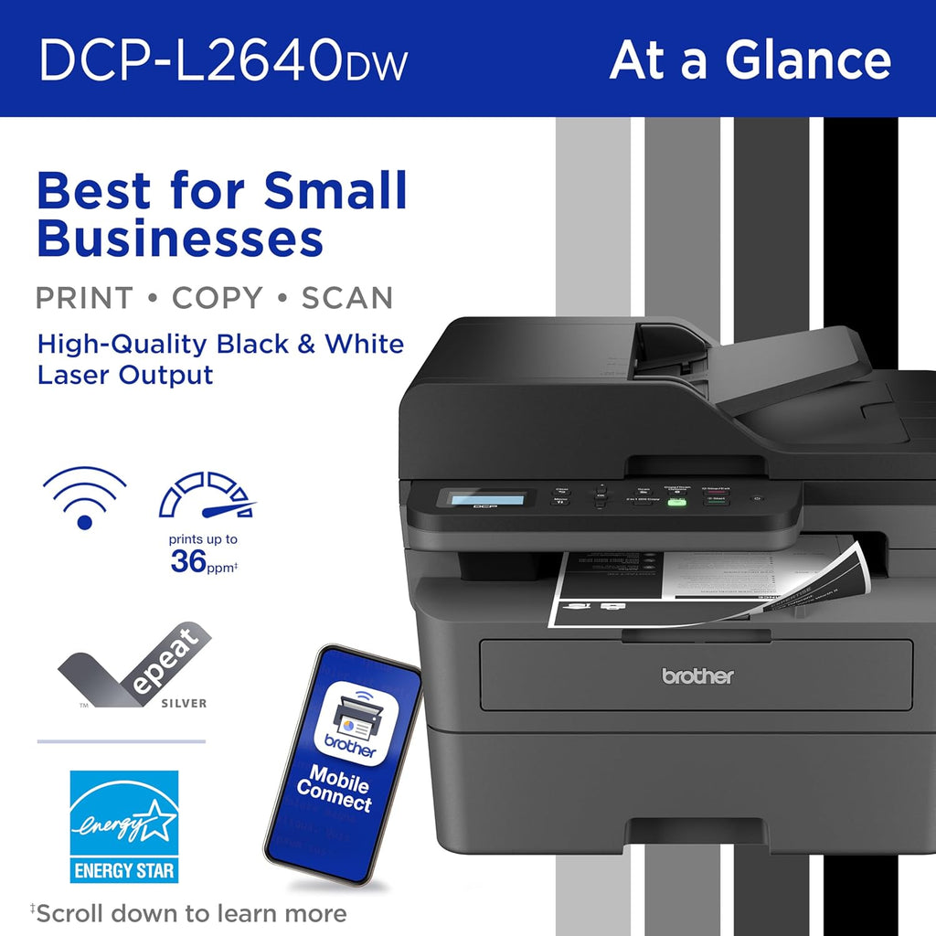 Brother DCP-L2640DW Wireless Compact Monochrome Multi-Function Laser Printer with Copy and Scan, Duplex, Black & White Output | Includes Refresh Subscription Trial(1), (Renewed Premium)