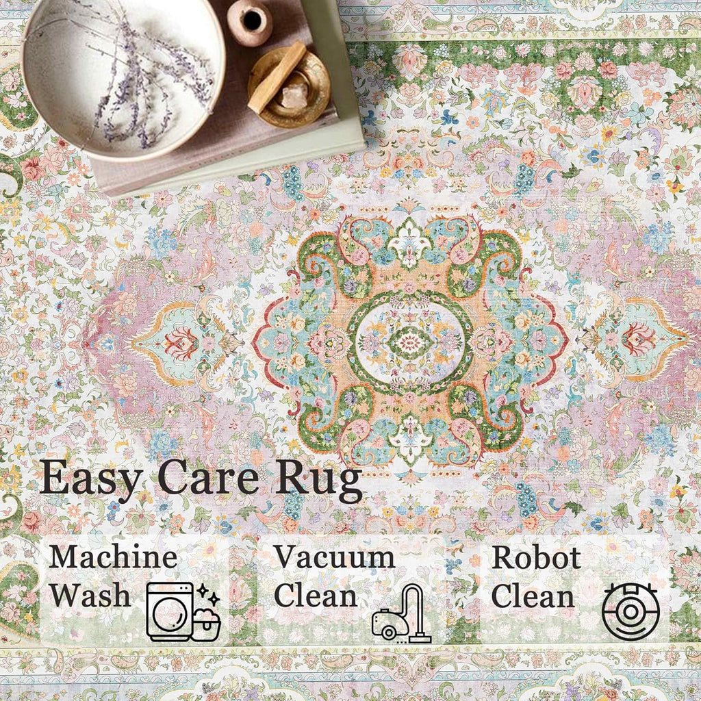8x10 Area Rugs Washable,Pink Rug for Living Room Bedroom Dining Room,Large Boho Vintage Bohemian Distressed Carpet Non Slip,Blush Green