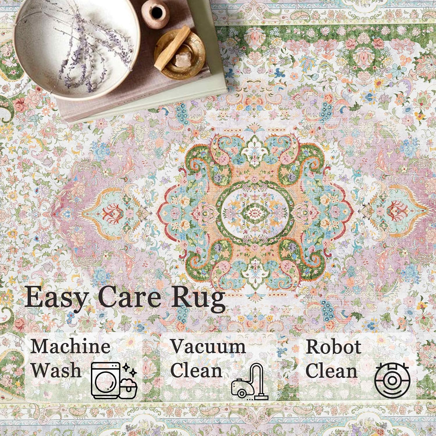8x10 Area Rugs Washable,Pink Rug for Living Room Bedroom Dining Room,Large Boho Vintage Bohemian Distressed Carpet Non Slip,Blush Green