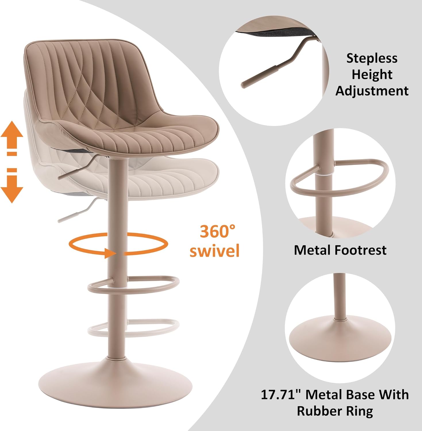YOUTASTE Bar Stools Set of 2, Adjustable Swivel Counter Height Barstools with Back, All Khaki Faux Leather Upholstered Bar Chairs with Metal Base, Stools for Kitchen Island or Home Bar
