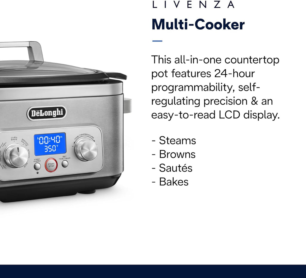 DeLonghi Livenza Multi-Cooker, Stainless Steel - 6 qt - Crock Pot Slow Cooker - 24-Hour Programmability & Seven Modes - Includes Non-Stick Dishwasher-Safe Pot, Steam Rack & Glass Lid