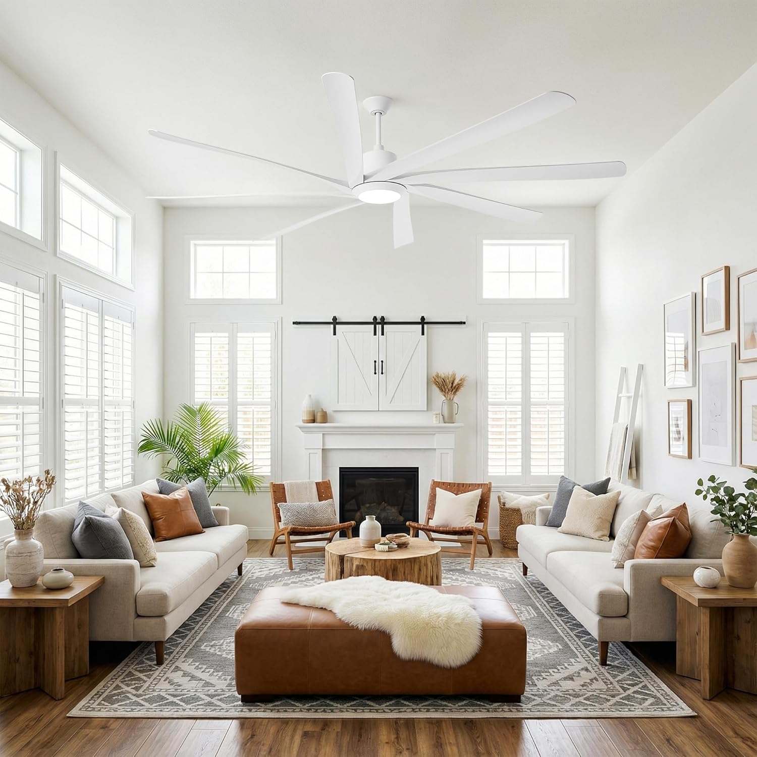 100 Inch Ceiling Fans with Lights and Remote, Large Industrial Ceiling Fan with High Airflow DC Motor, 8 ABS Blades Reversible Quiet Commencial Fan for Shop, Garage, Living Room, Warehouse, White