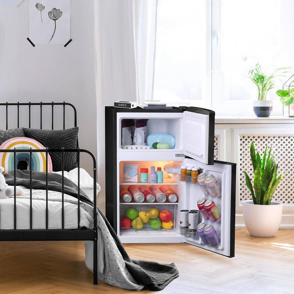 West Bend Mini Fridge with Freezer for Bedroom, Office, Bar or Dorm Room, Retro Compact Refrigerator features Glass Shelves, Manual Defrost and Adjustable Temperature Control, 3.1-Cu.Ft., Black