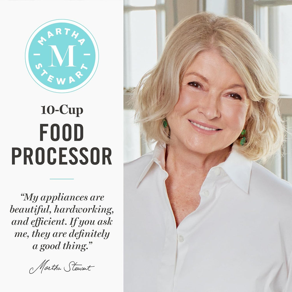 Martha Stewart Food Processor, 10-Cup Electric Chopper for Slicing, Shredding, Mincing and Puree, BPA-Free Twist & Lock Bowl, 3 Multipurpose Blades, Variable Speed Dial, Wide Feed Chute, Linen White