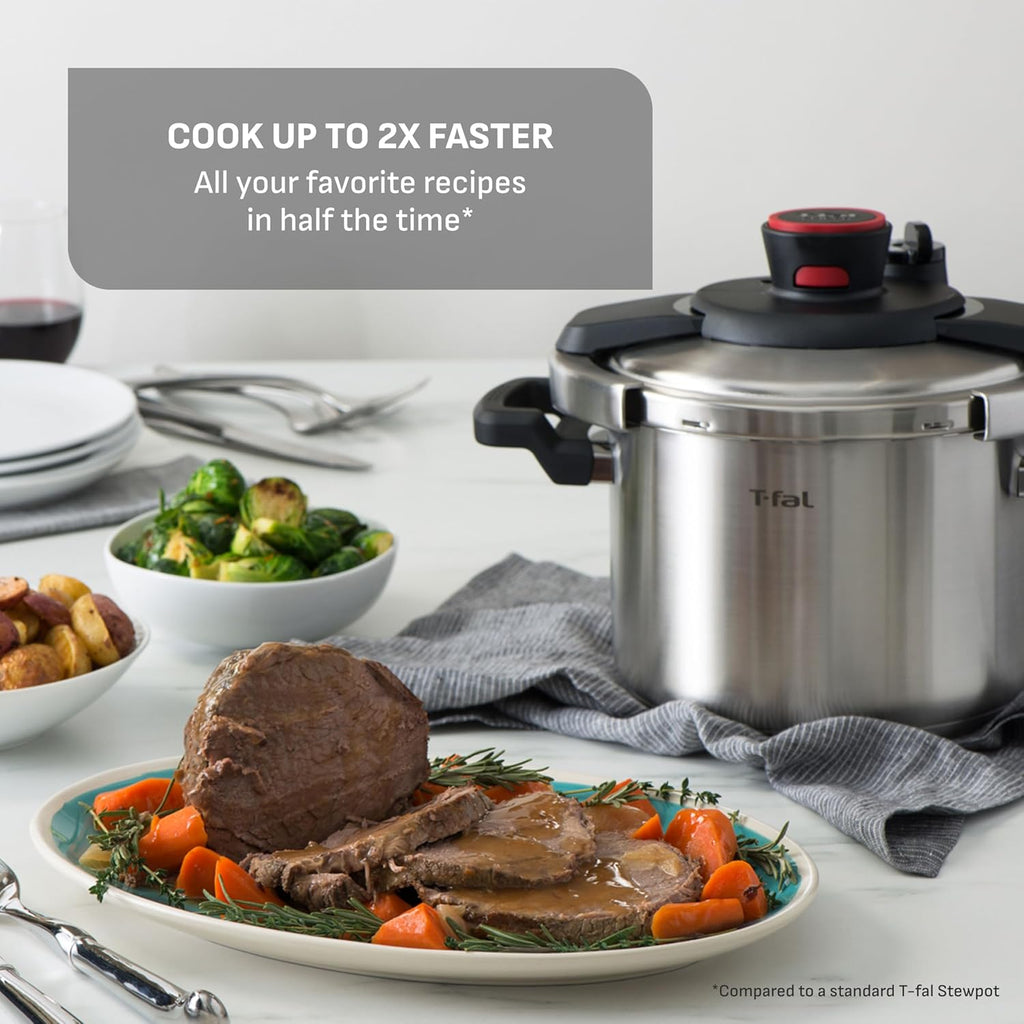 T-fal Clipso Stainless Steel Pressure Cooker, 6.3 Quart, Recipe Book, Steam Basket, Easy-Open Lid, Secure Locking System, Adjustable Pressure Valve, Induction Cookware, Pots and Pans, Kitchen, Silver