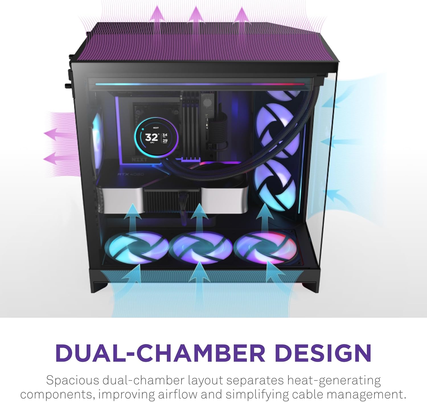 NZXT H9 Flow RGB+ (2025) – Large Dual-Chamber ATX Mid-Tower Airflow PC Case – Includes 7 RGB Fans (6 x 140mm, 1 x 120mm) & Control Hub – 420mm Radiator Support – Back-Connect Ready – Black