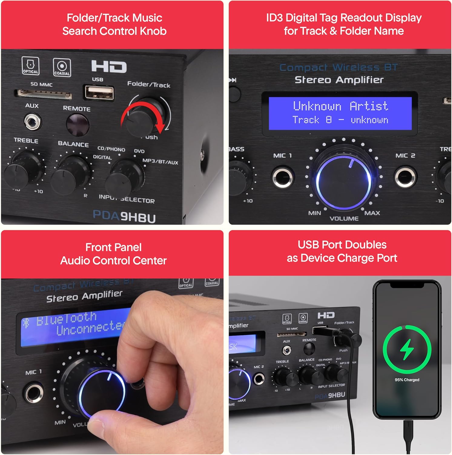 Pyle Wireless Bluetooth Home Stereo Amplifier - Multi-Channel 200 Watt Power Amplifier Home Audio Receiver System w/HDMI, Optical/Phono/Coaxial, FM Radio, USB/SD, AUX, RCA, Mic in - Remote - PDA9HBU
