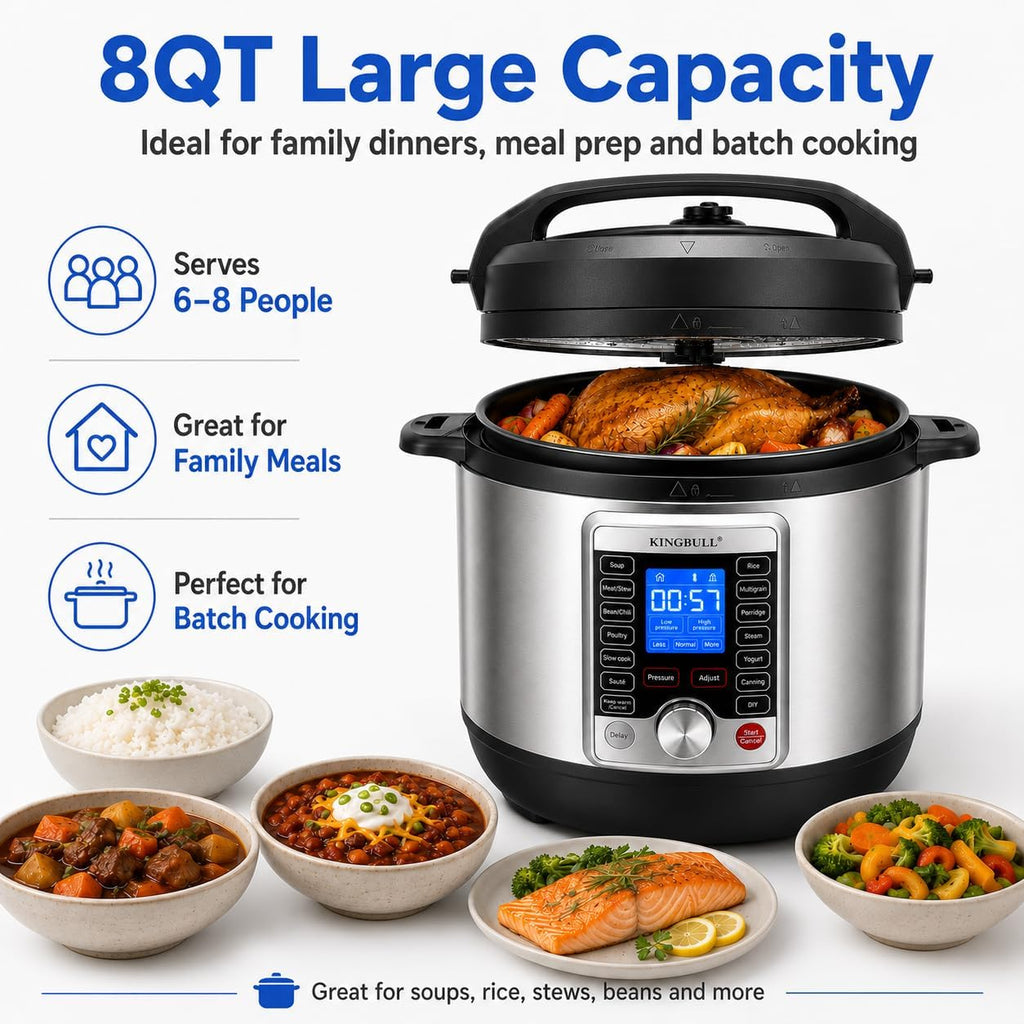 KINGBULL 14-in-1 Electric Pressure Cooker 8 Quart, Stainless Steel Multi Cooker with LCD Display and Knob Control, Slow Cooker, Rice Cooker, Steamer, Sauté, Yogurt Maker, Warmer, DIY Mode