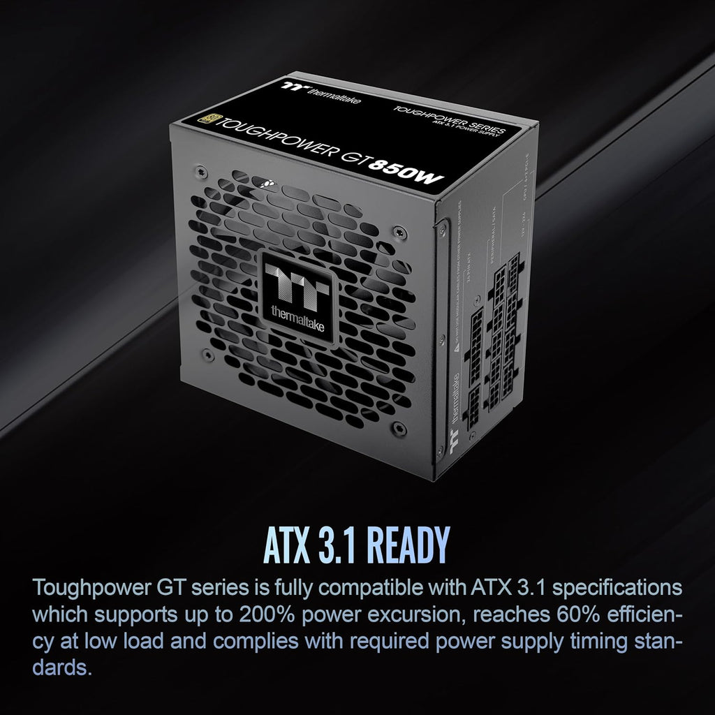 Thermaltake Toughpower GT 850W ATX 3.1 Standard Power Supply; 80 Plus Gold Efficiency; Smart Zero Fan; Native 450W PCIe 5.1 Connector; PS-TPT-0850FNFAGU-3; 5 Year Warranty
