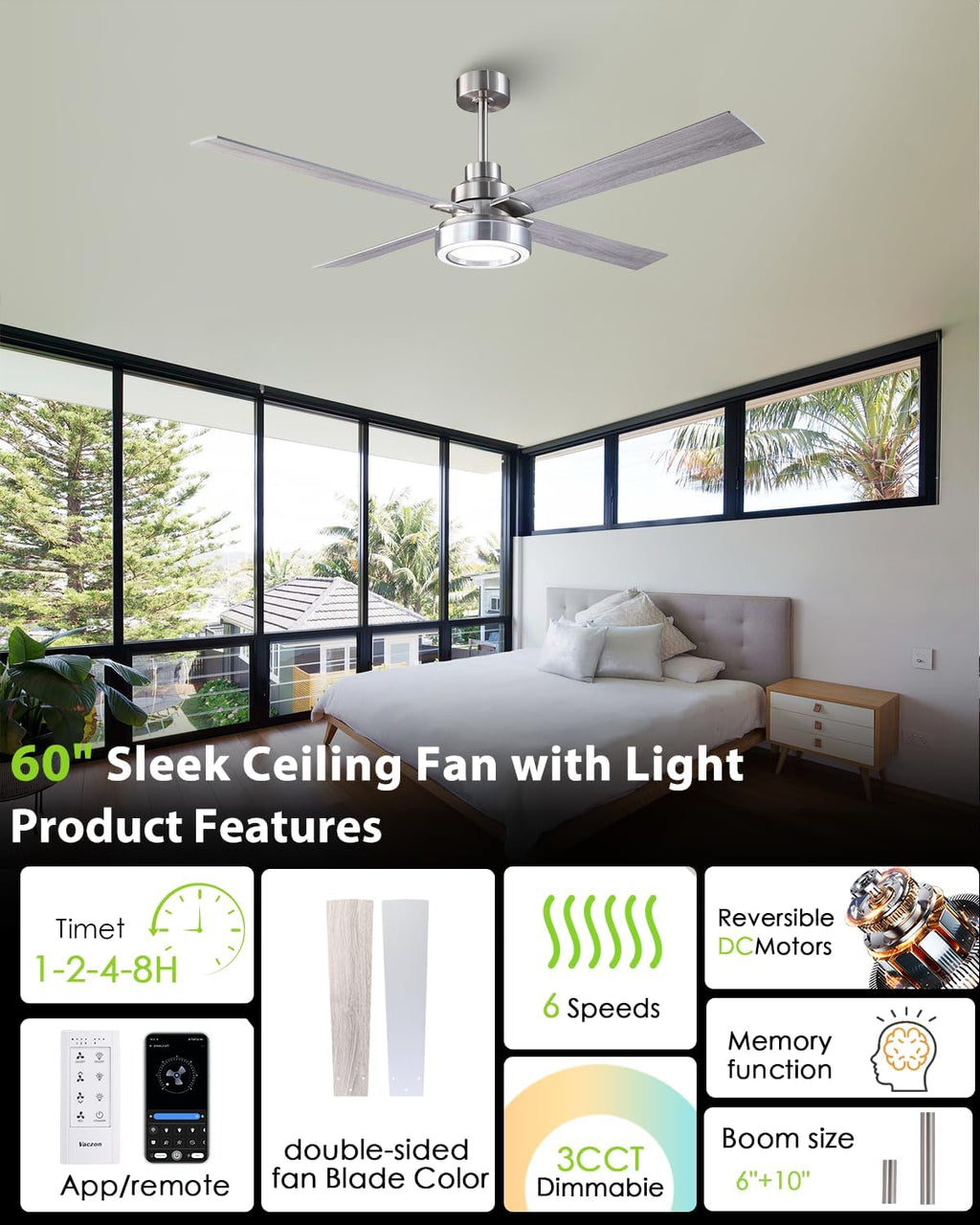 60 Inch Large Ceiling Fans with Lights and Remote/APP, Modern Brushed Nickel Ceiling Fan, 3CCT Dimmable, 6-Speeds Reversible, Quiet High Airflow Fan with Long Downrods for Living Room, Shop