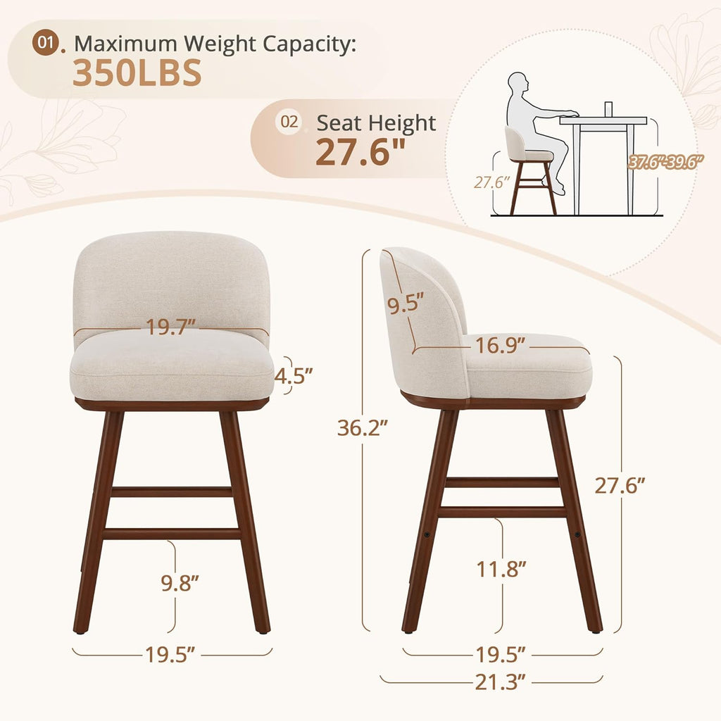 LUE BONA Counter Height Bar Stools Set of 3, Upholstered Barstools with Wooden Legs and Backs, 19.7" W & 27.6" H Counter Stools for Kitchen Counter, Fabric in Beige