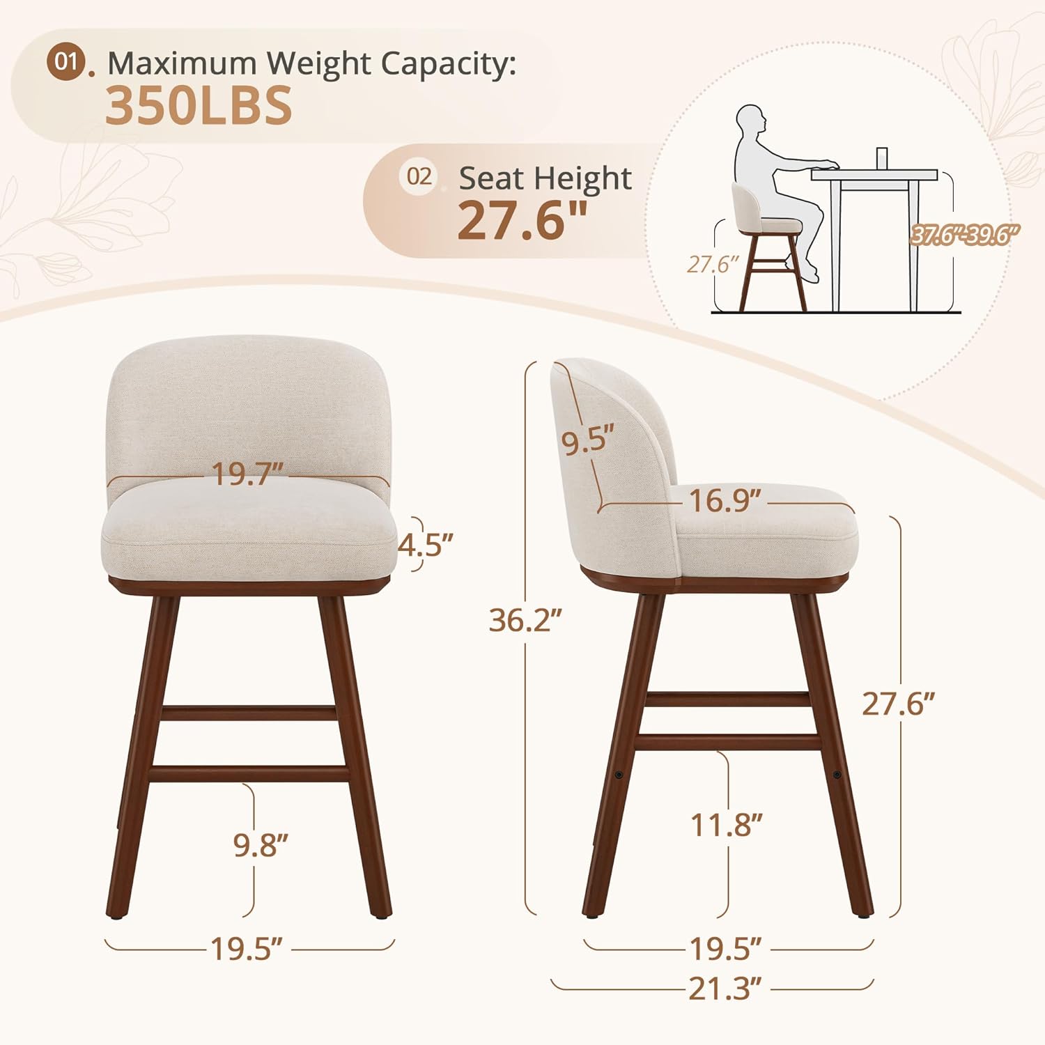 LUE BONA Counter Height Bar Stools Set of 3, Upholstered Barstools with Wooden Legs and Backs, 19.7" W & 27.6" H Counter Stools for Kitchen Counter, Fabric in Beige
