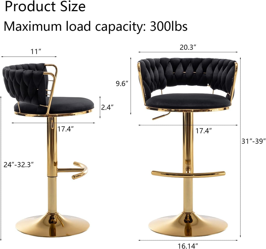 Riknuxi Velvet Bar Stools Set of 3, Counter Height Barstools with Low Back, Gold Swivel Bar Stool for Kitchen Island, Pub (Black)