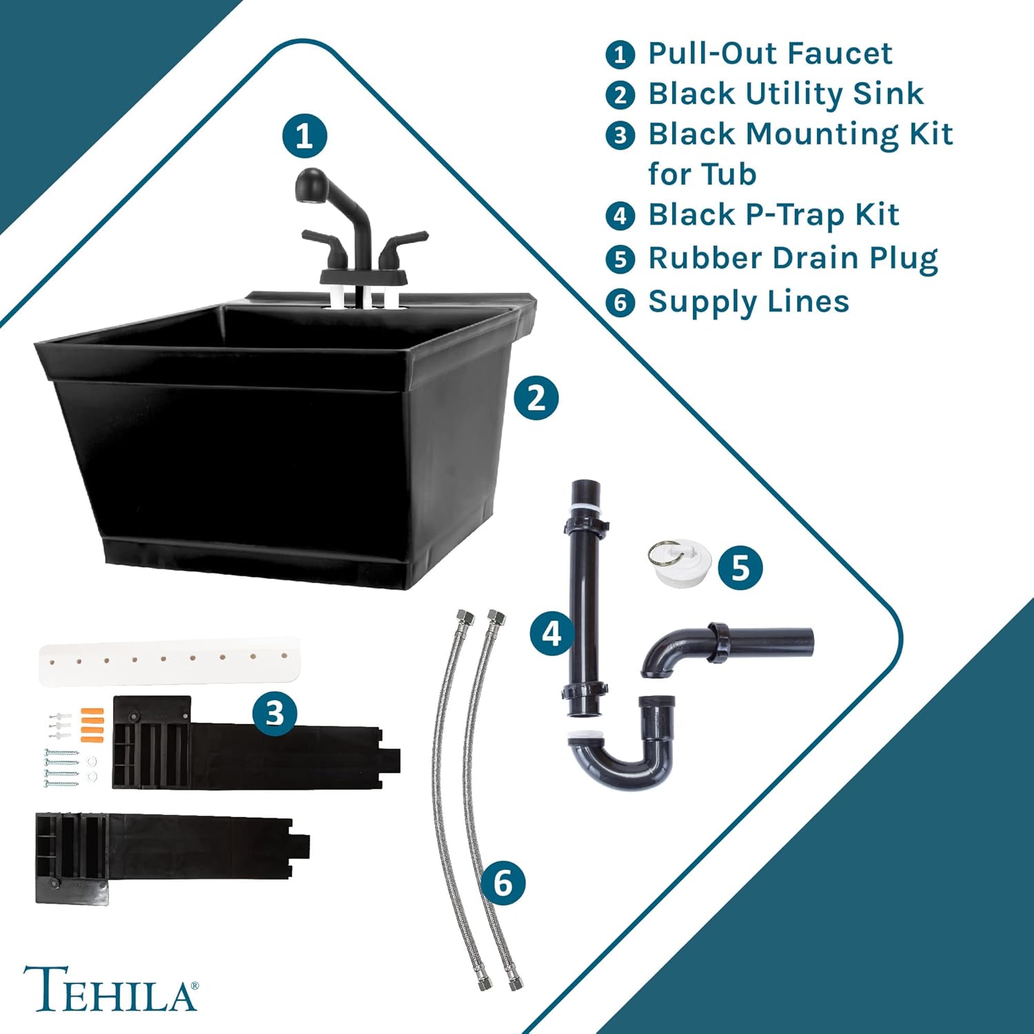 JS Jackson Supplies Tehila Black Wall-Mounted Utility Sink Tub Kit with Matte Black Finish Pullout Faucet, Wall-Mounted Utility Tub with Wall Bracket for Laundry Room, Garage, Workshop