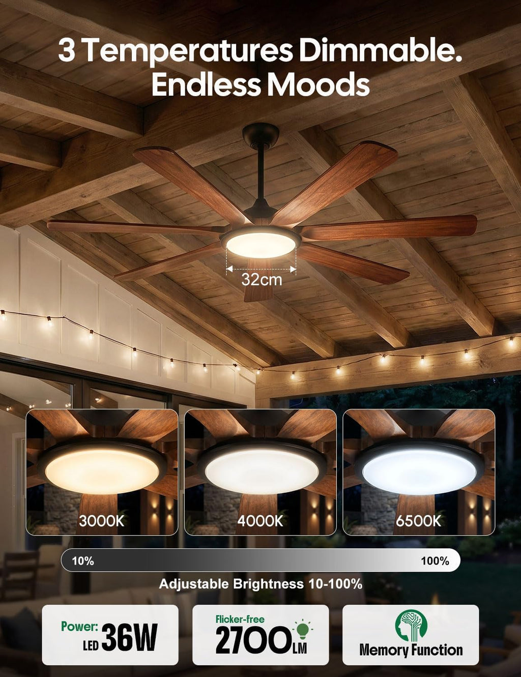 60 inch Smart Wood Ceiling Fan with Light, Remote/Alexa/App Control, Farmhouse Rustic Style, 7 Solid Walnut Blades, Indoor Outdoor High CFM Quiet DC Motor, Damp Rated for Covered Patio, Living Room