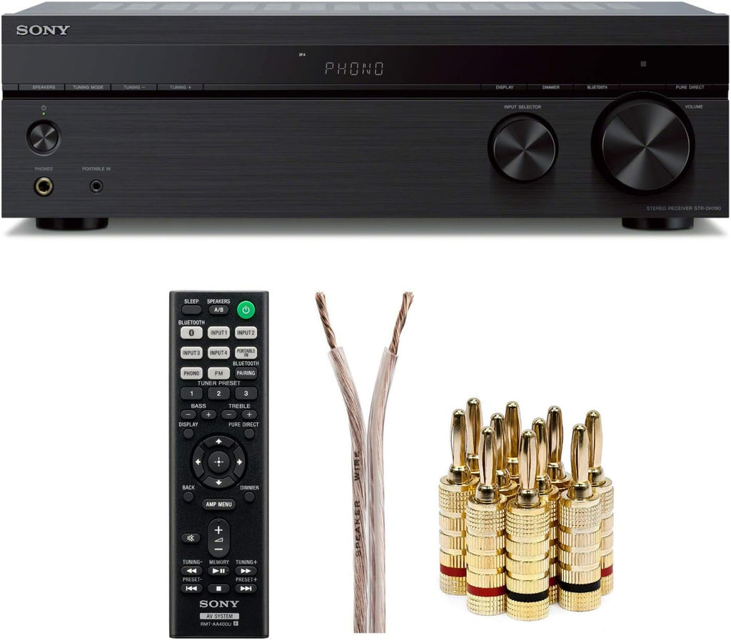 Sony STRDH190 2-ch Stereo Receiver with Phono Inputs and Bluetooth Bundle with 100ft of Speaker Wire and 5 Pairs of Banana Plugs (3 Items)