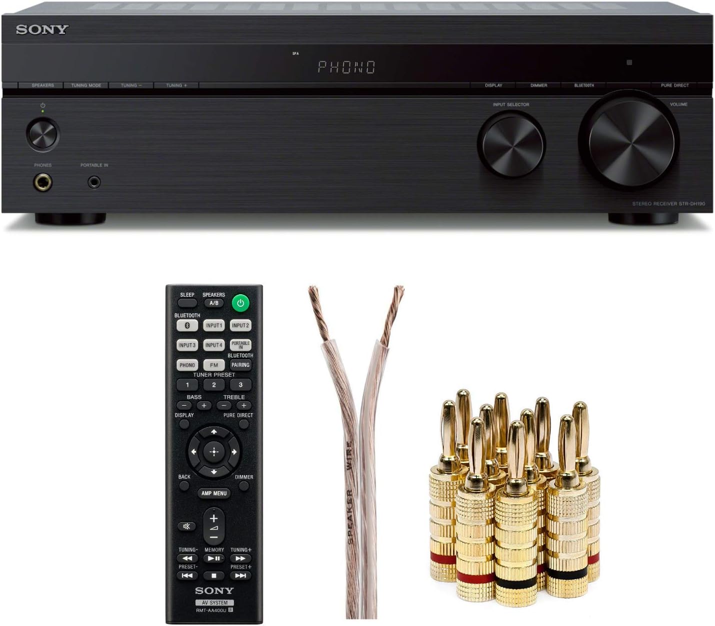 Sony STRDH190 2-ch Stereo Receiver with Phono Inputs and Bluetooth Bundle with 100ft of Speaker Wire and 5 Pairs of Banana Plugs (3 Items)