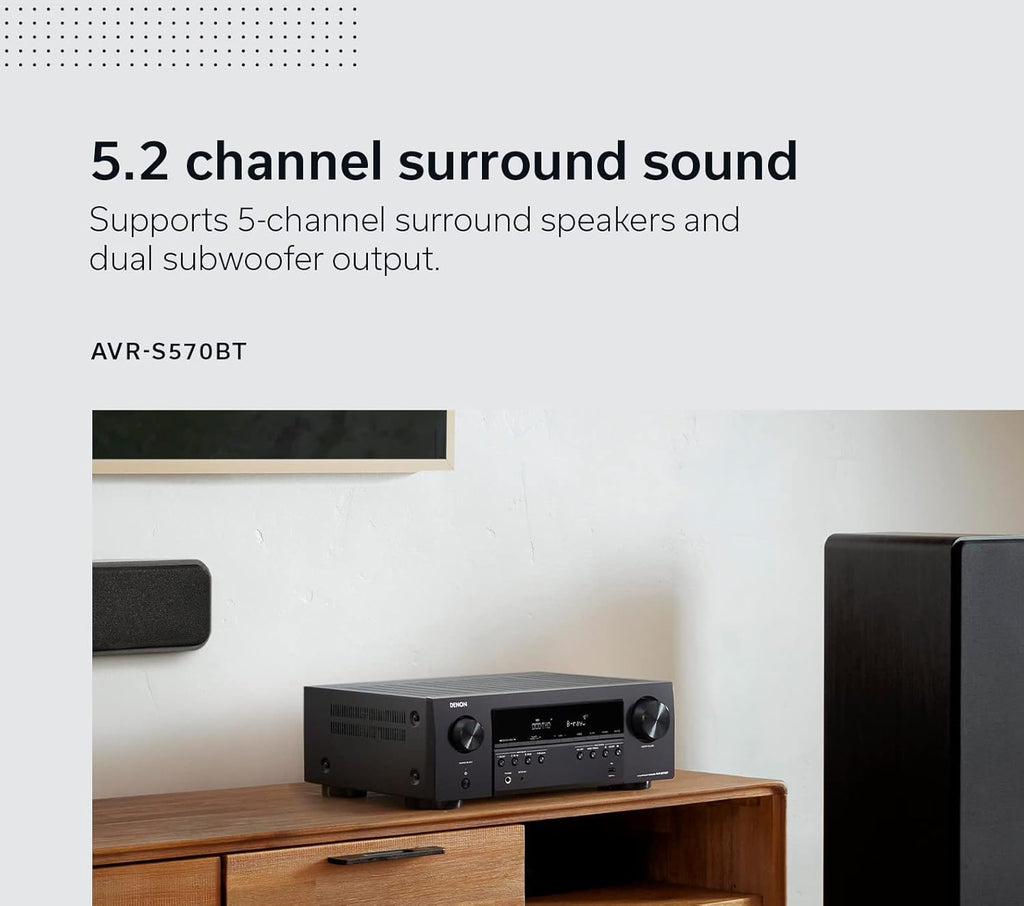 Denon AVR-S570BT AV Receiver 5.2 Channel 8K Ultra HD Audio & Video, Stereo Receivers, Denon AVR Wireless Streaming Bluetooth, (4) 8K HDMI Inputs, eARC, HD Setup Assistant
