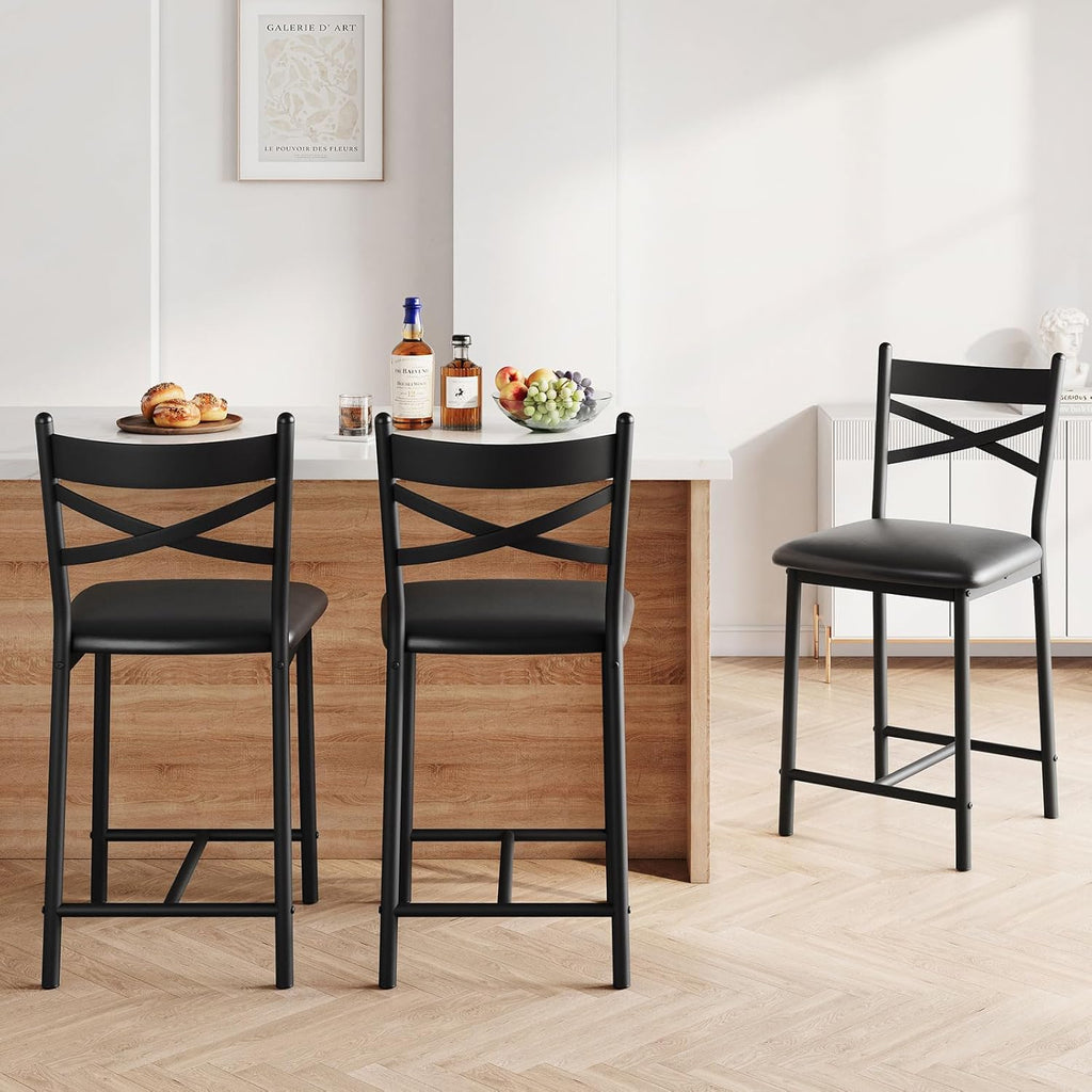 22" Bar Stools Set of 4, Counter Height Bar Stools with PU Upholstered Seat, Metal Frame Kitchen Bar Chairs with X-Design Back and Footrest for Kitchen Island, Counter Bar, Dining Room, Black