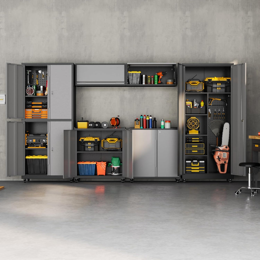Metal Garage Storage Cabinet with Wheels, Locking Broom Closet Storage Cabinet with Adjustable Shelves, 71" H Tool Cabinet for Utility Room, Workshop, Warehouse