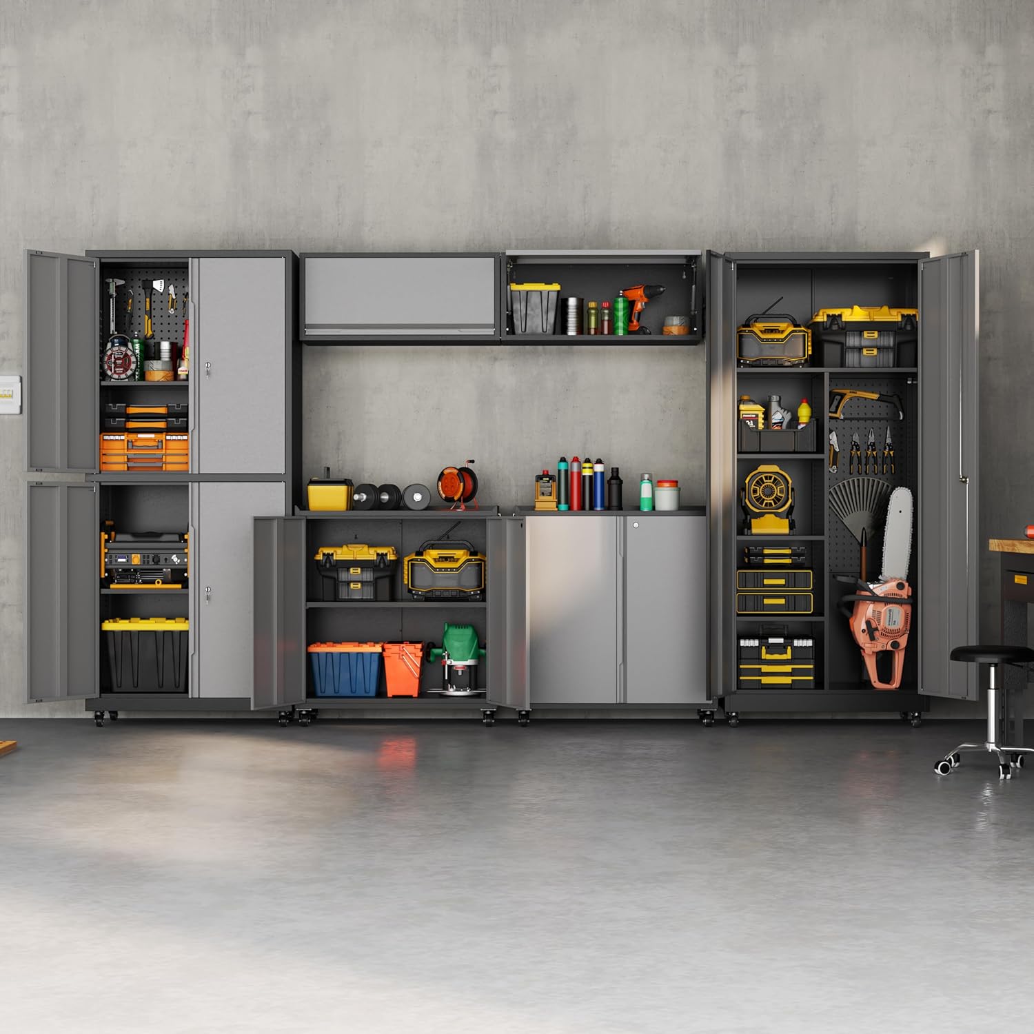 Metal Garage Storage Cabinet with Wheels, Locking Broom Closet Storage Cabinet with Adjustable Shelves, 71" H Tool Cabinet for Utility Room, Workshop, Warehouse