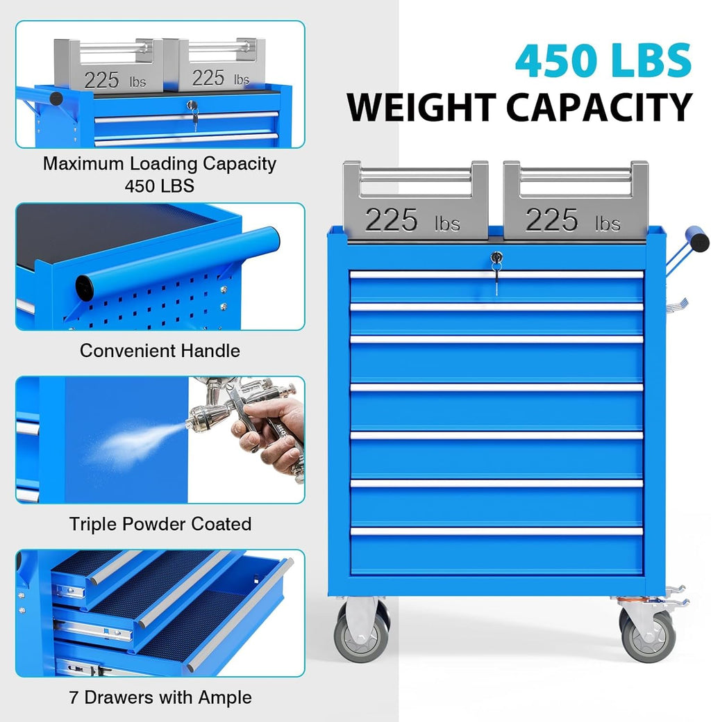 7 Drawers Metal Rolling Tool Chest, Portable Storage Tool Box with Wheels, Toolbox on Wheels for Warehouse, Garage, Repair Shop and Tool Room