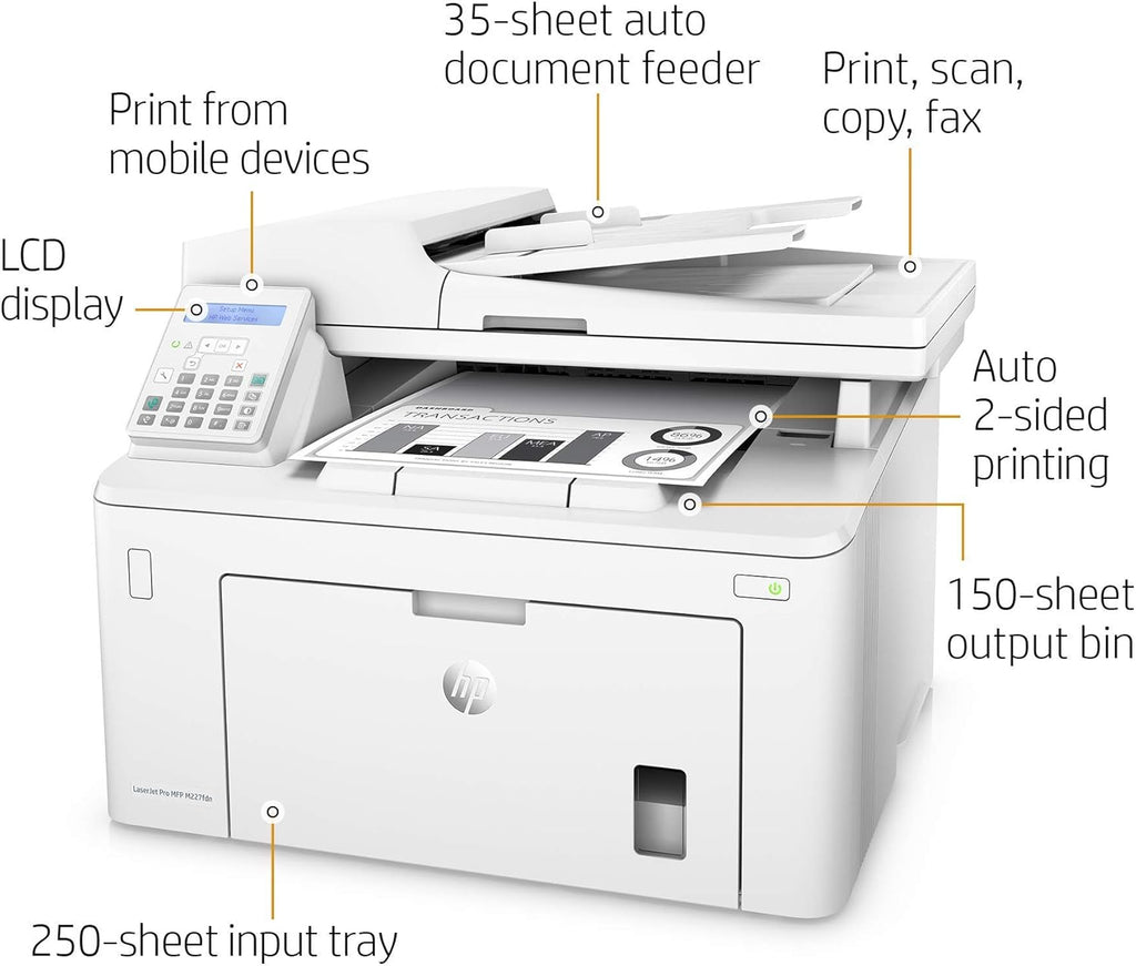 HP Laserjet Pro M227fdn All-in-One Monochrome Laser Printer with Auto Two-Sided Printing, Mobile Printing, Fax & Built-in Ethernet, Amazon Dash Replenishment Ready (G3Q79A) (Renewed)