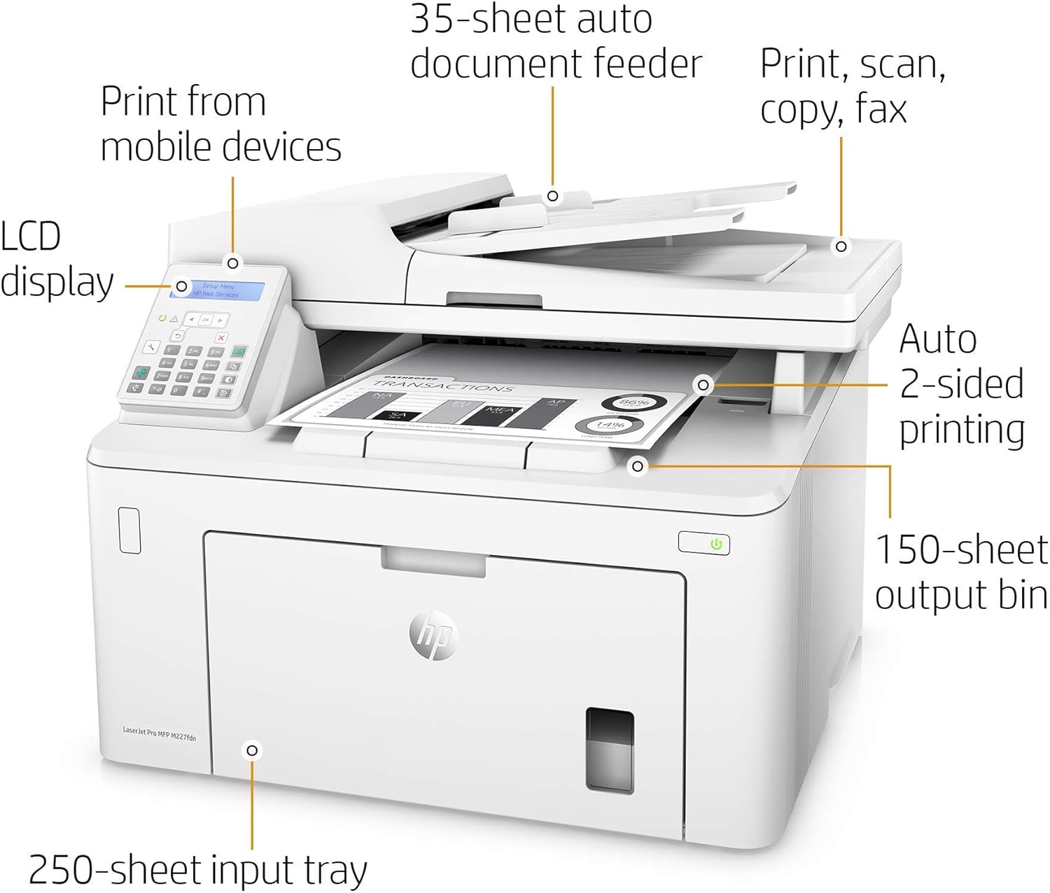 HP Laserjet Pro M227fdn All-in-One Monochrome Laser Printer with Auto Two-Sided Printing, Mobile Printing, Fax & Built-in Ethernet, Amazon Dash Replenishment Ready (G3Q79A) (Renewed)