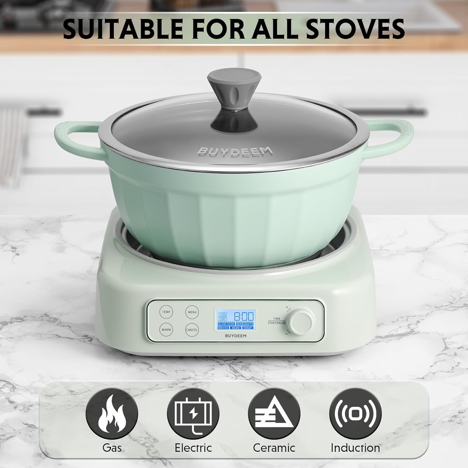 BUYDEEM 5-in-1 Slow Cooker 4.7QT with Removable Nonstick Stockpot, Compatible with Various Cookwares, Two Temperature Controls, Customized Time Settings, Auto Keep Warm for 2H, Cozy Greenish