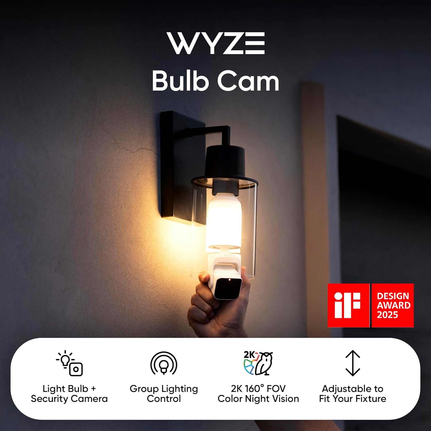 WYZE Bulb Cam Security Camera, 2K HD Outdoor Light Bulb Camera, Color Night Vision, Dimmable LED Bulb, Motion Detection, Siren Alarm, Works w/Alexa/Google Assistant (2 Pack)