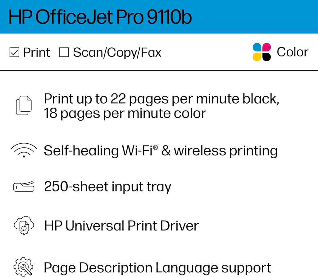 HP Officejet Pro 9110b Desktop Wireless Inkjet Printer - Color