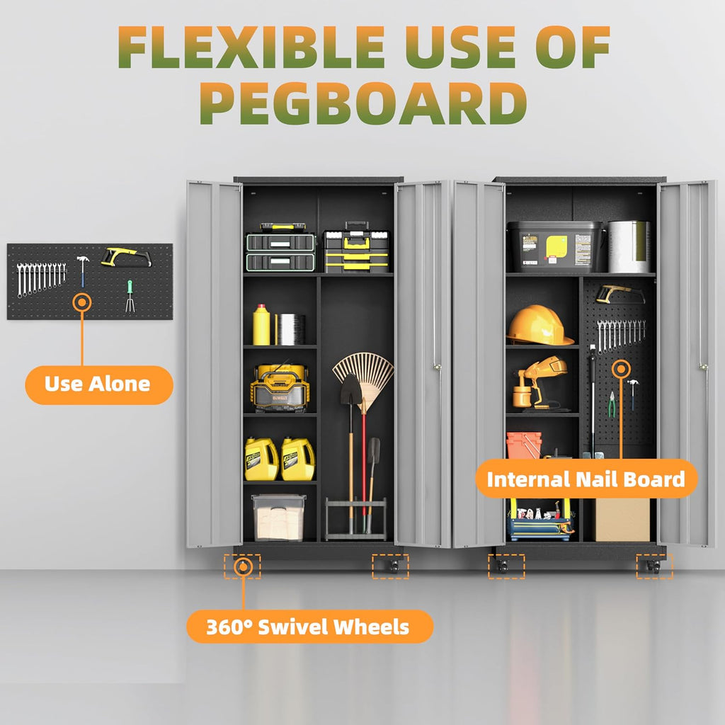 Metal Garage Storage Cabinet with Wheels, Locking Broom Closet Storage Cabinet with Adjustable Shelves, 71" H Tool Cabinet for Utility Room, Workshop, Warehouse