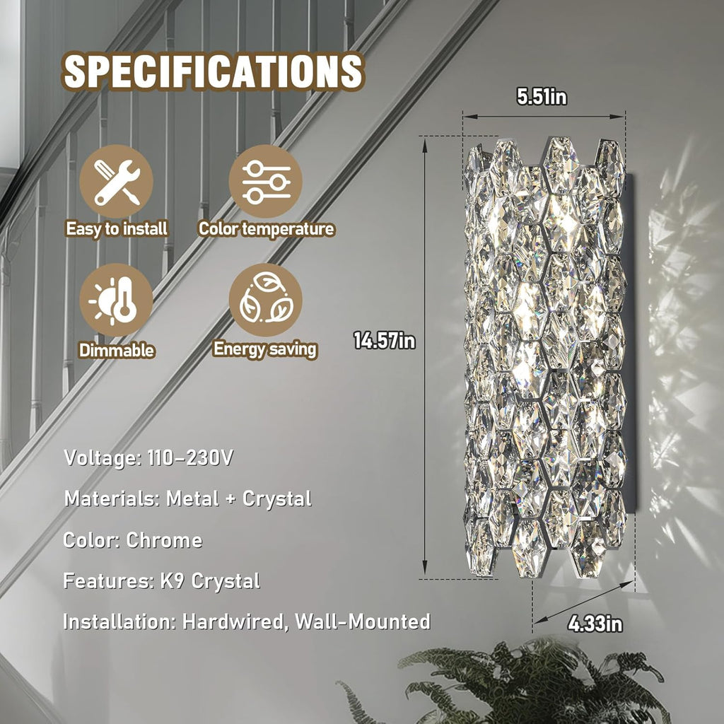 Crystal Wall Sconces,Modern Wall Light Fixtures,Chrome Wall Lamp,Luxury Crystal Wall Sconces for Living Room Bedroom Bathroom Hallway Doorway Stairway Bedside