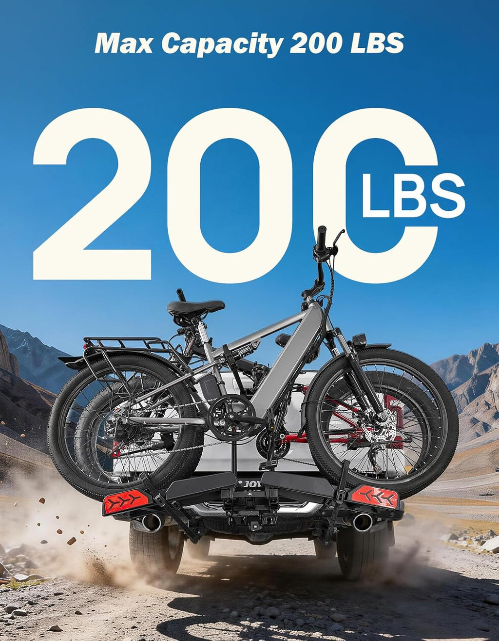 JOYTUTUS Hitch EBike Rack with Ramp for 2 E-Bikes, 200 LBS Capacity Electric Bike Rack for Cars SUVs Trucks, Easy Tilting Foldable Bike Carrier Platform Mount for 2" Receiver, Fits up to 5" Fat Tire