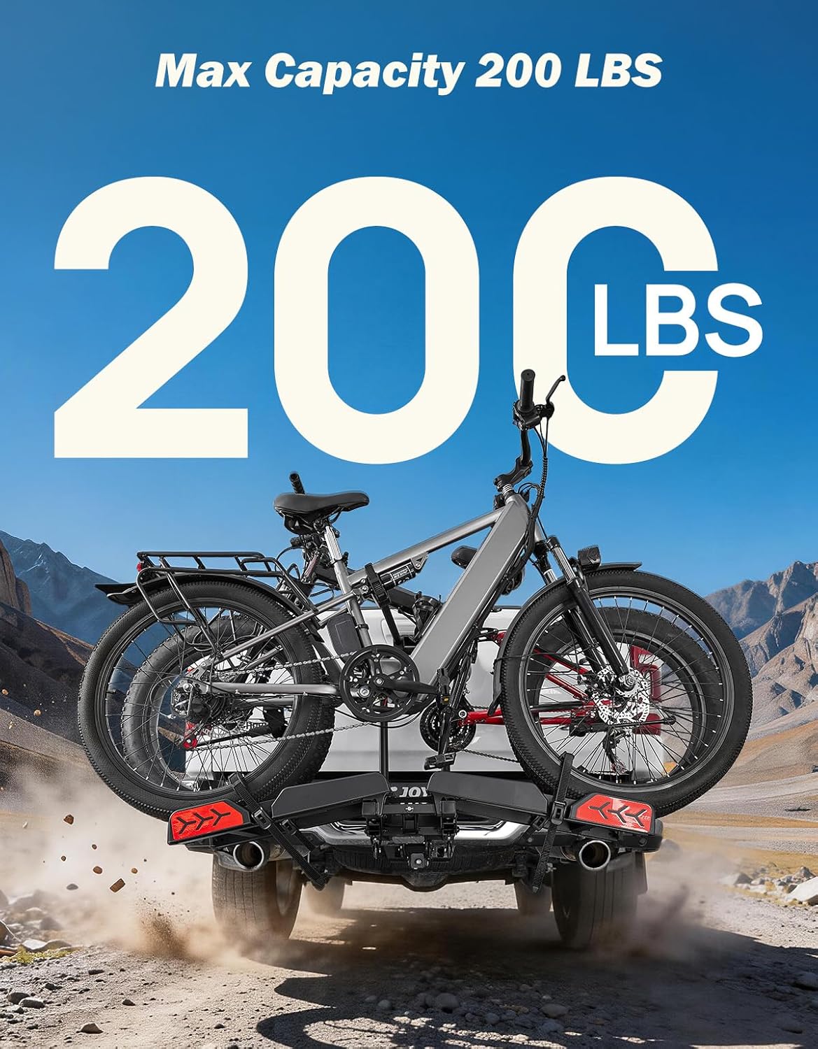 JOYTUTUS Hitch EBike Rack with Ramp for 2 E-Bikes, 200 LBS Capacity Electric Bike Rack for Cars SUVs Trucks, Easy Tilting Foldable Bike Carrier Platform Mount for 2" Receiver, Fits up to 5" Fat Tire