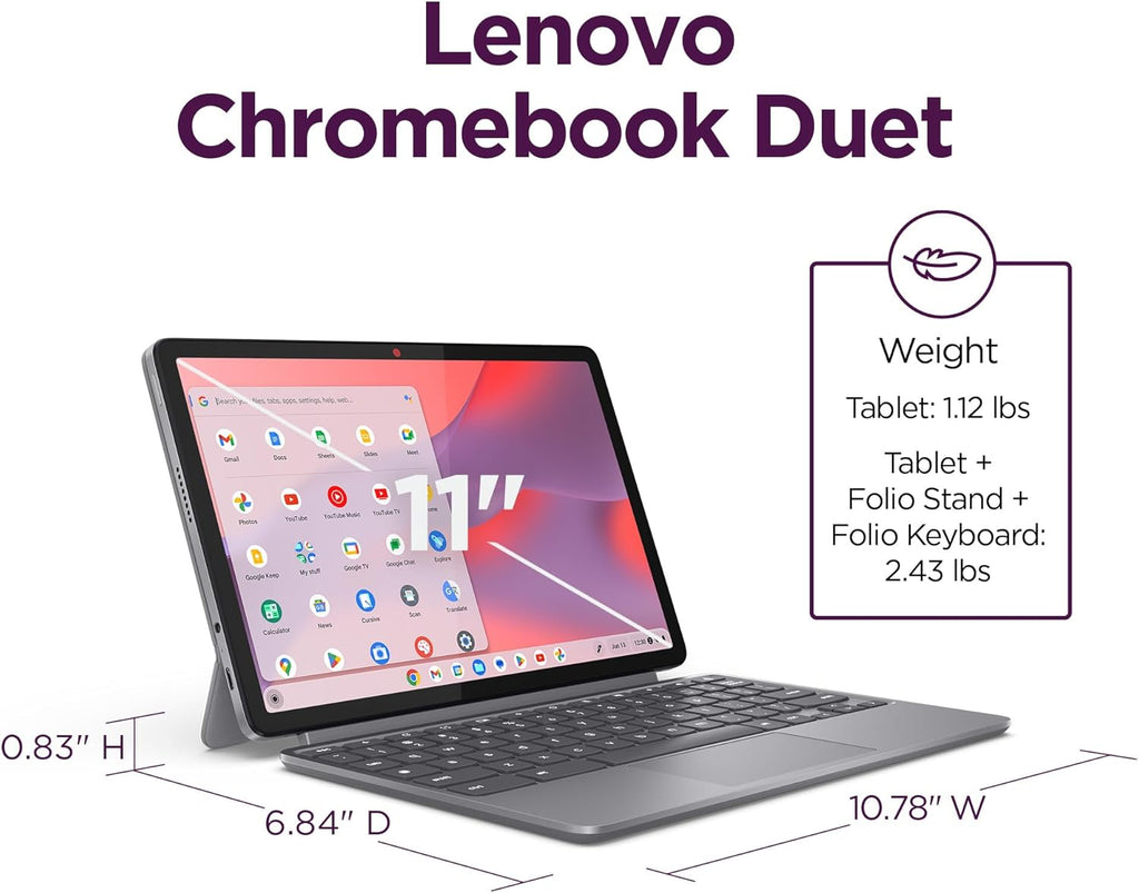 Lenovo Chromebook Duet - 2025 - Convertible Laptop - ChromeOS - 10.95" WUXGA IPS Touch Display - 4GB Memory - 64GB Storage - MediaTek Kompanio 838 - Luna Grey