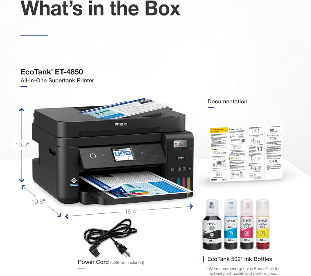 Epson EcoTank ET-4850 Wireless All-in-One Cartridge-Free Supertank with Scanner Copier, Fax, ADF and Ethernet, The Perfect Office Printer - Black