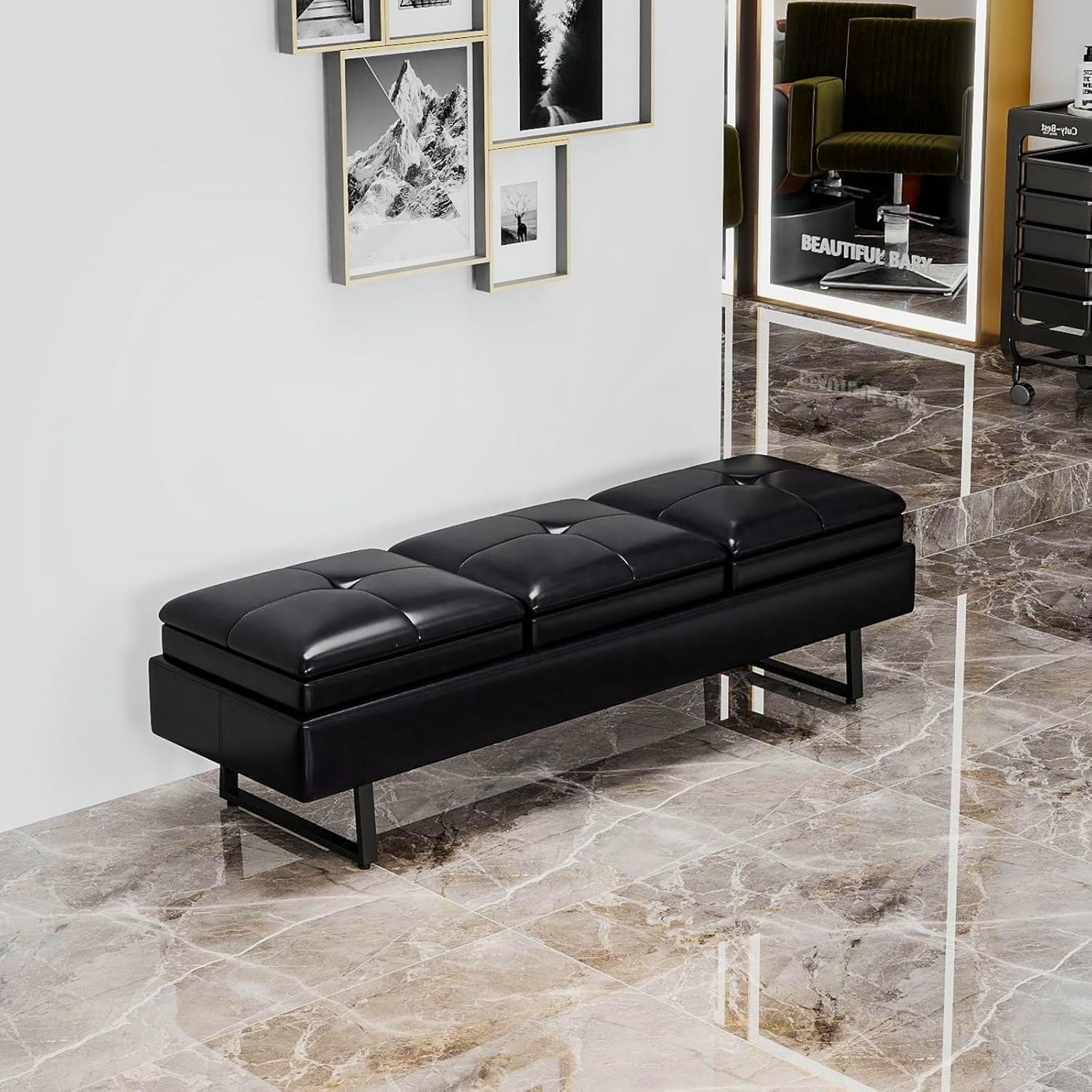 AIIT 3-Seat Waiting Room Bench - Reception Chair with Thickened PU Leather & Storage, Lobby Bench for Office Barber Store Salon Shop, Black