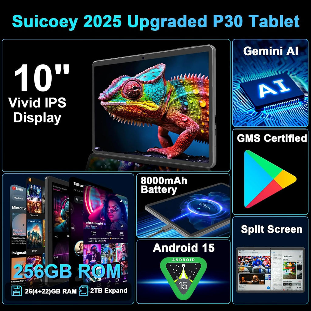 Suicoey 2026 Tablet with Keyboard, 26GB + 256GB (2TB Expand), 10 inch Android 15 Tablets with Octa Core, Gemini AI, 5G WiFi, 8000mAh, BT 5.0, 2 in 1 AI Tablet with Case, Mouse, Stylus (Black Case)