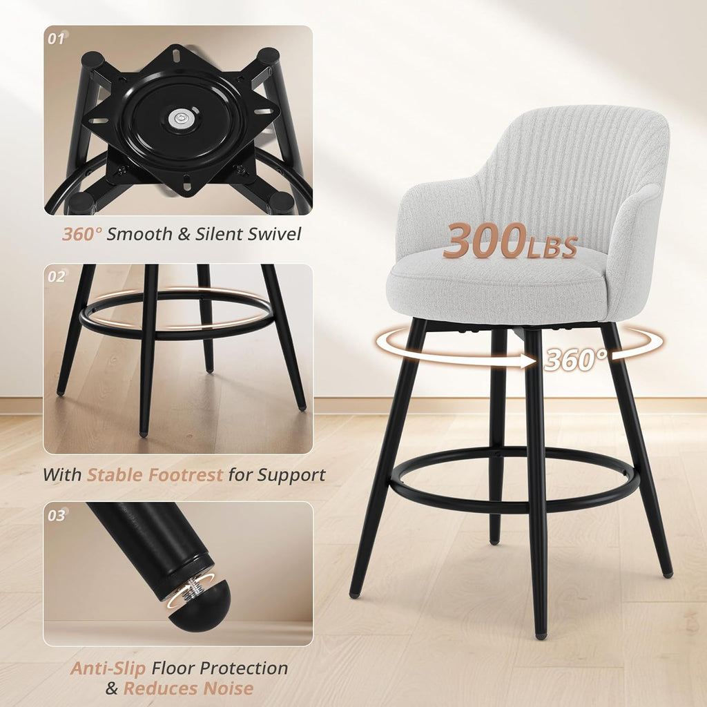 LUE BONA Swivel Bar Stools Set of 3, 26" Counter Height Bar Stools with Ergonomic Semi-Enclosed Back, Fabric Upholstered Barstools with Spring Cushion for Kitchen Island, Light Gray
