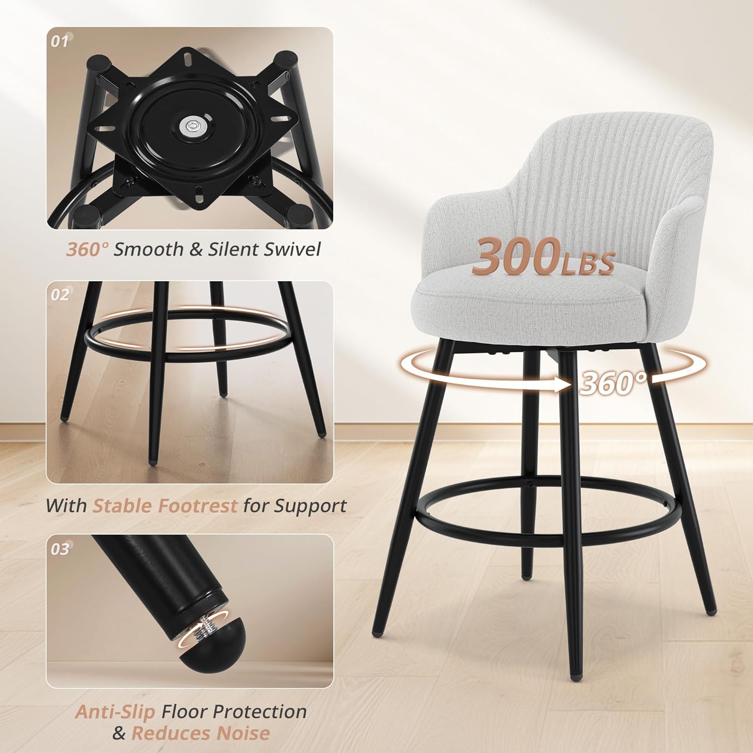 LUE BONA Swivel Bar Stools Set of 3, 26" Counter Height Bar Stools with Ergonomic Semi-Enclosed Back, Fabric Upholstered Barstools with Spring Cushion for Kitchen Island, Light Gray