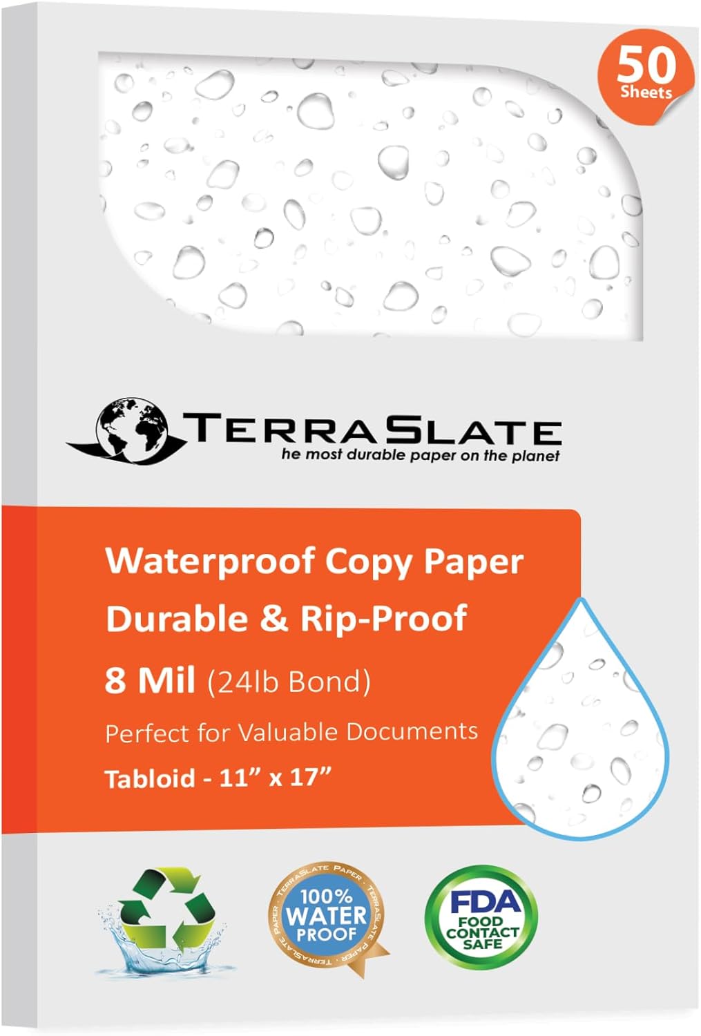 TerraSlate 8 MIL Waterproof Paper 11"x17" – Weatherproof, Rip-proof Copier Paper, Laser Printer & Copier Compatible, 50 Sheets – Ideal for Outdoor, Rugged Use, and Harsh Conditions