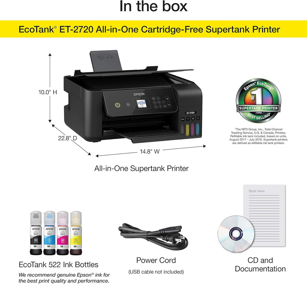 Epson EcoTank ET-2720 Wireless Color All-in-One Supertank Printer with Scanner and Copier - Black
