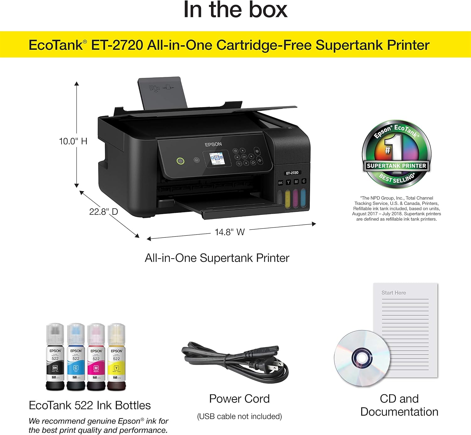 Epson EcoTank ET-2720 Wireless Color All-in-One Supertank Printer with Scanner and Copier - Black
