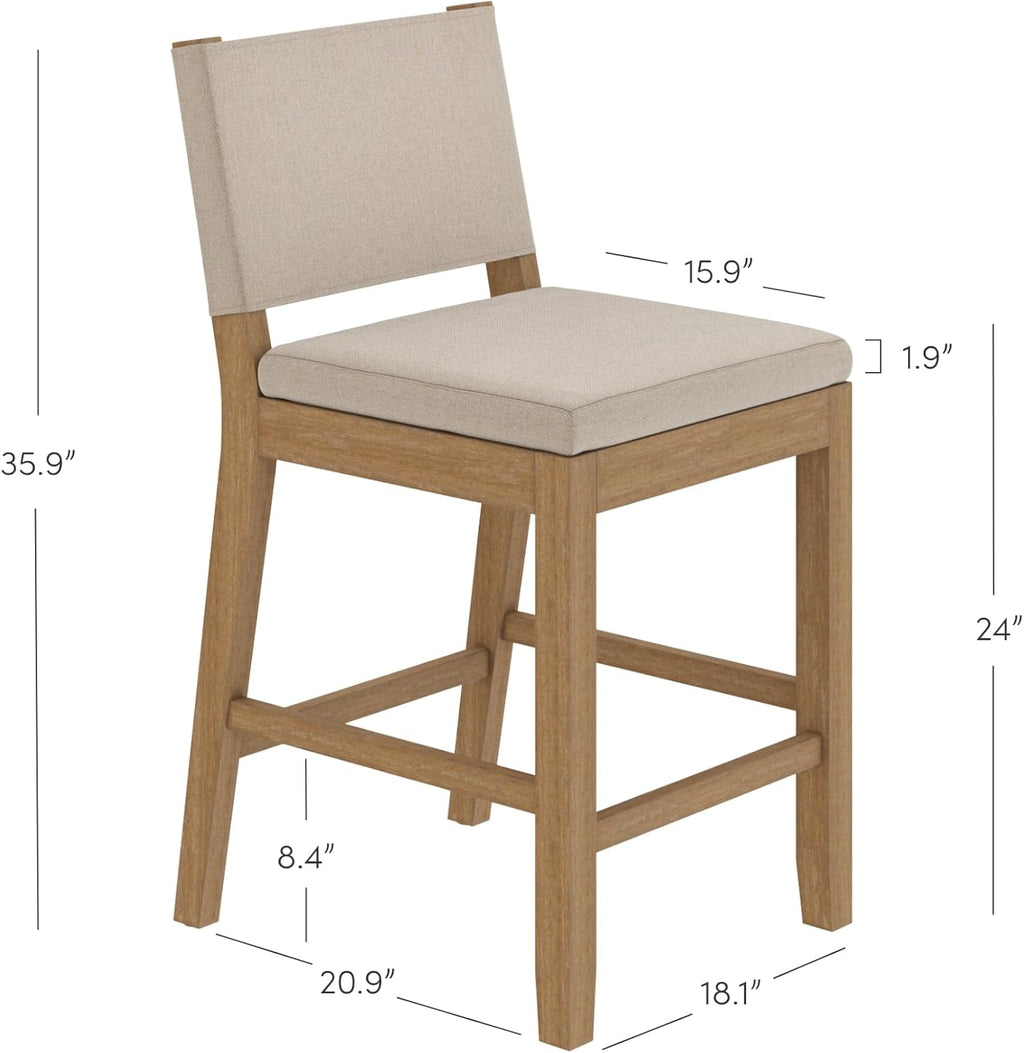 Nathan James Linus Modern Upholstered Counter Height Bar Stool with Back and Solid Rubberwood Legs in a Wire-Brushed Light Brown Finish, Natural Flax/Brown, Set of 2