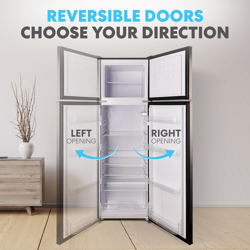 Simpli-Magic 10 Cu.Ft. Fridge with Freezer – Double Door Compact Refrigerator for Office, Dorm, Bedroom, Garage – Adjustable Thermostat, Large Capacity, Stainless Steel Finish