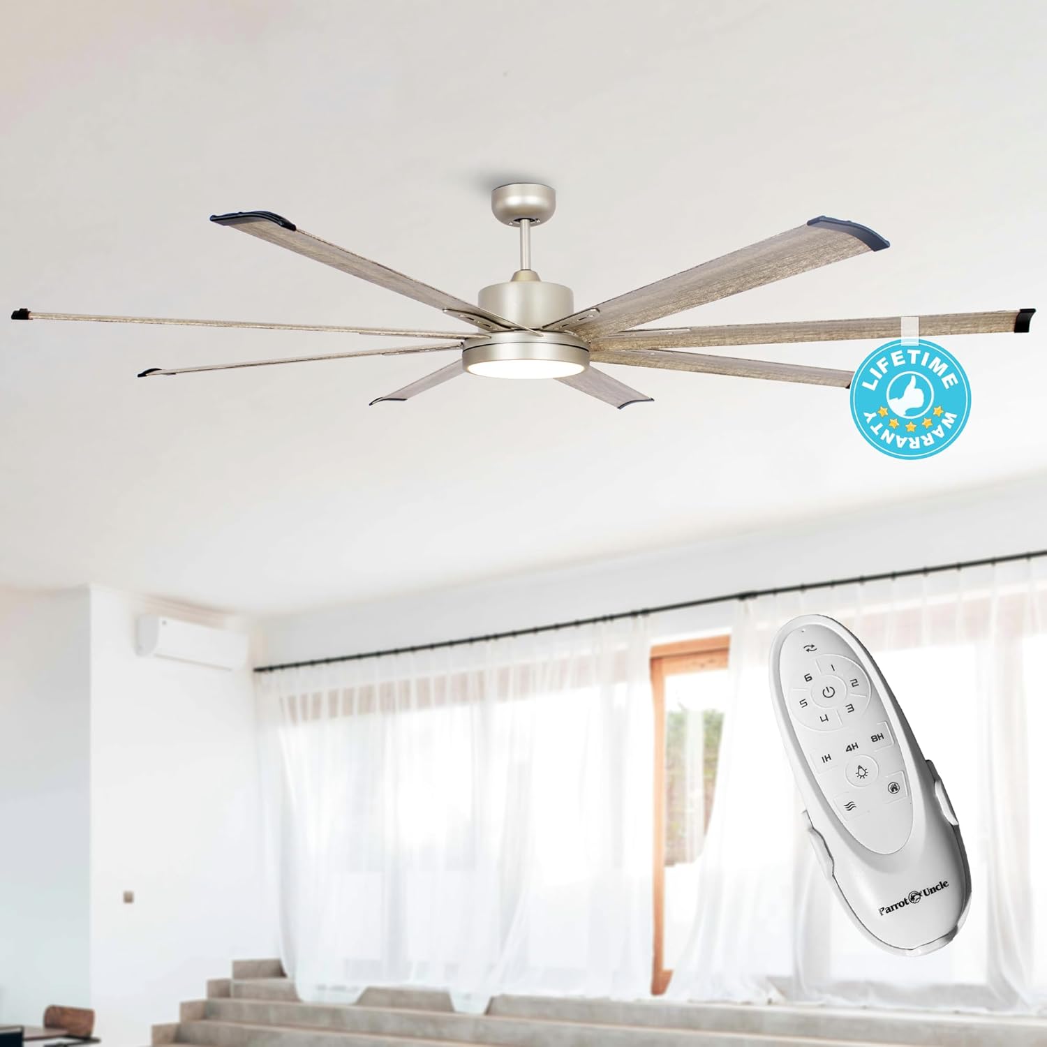 Ceiling Fans with Lights and Remote, 72 Inch Large CFM Ceiling Fan for Bedroom Living Room Shop Indoor Outdoor Fans, Dimmable LED Light with Fan, DC Motor 8 Reversible Blades, ETL Tested, Nickel