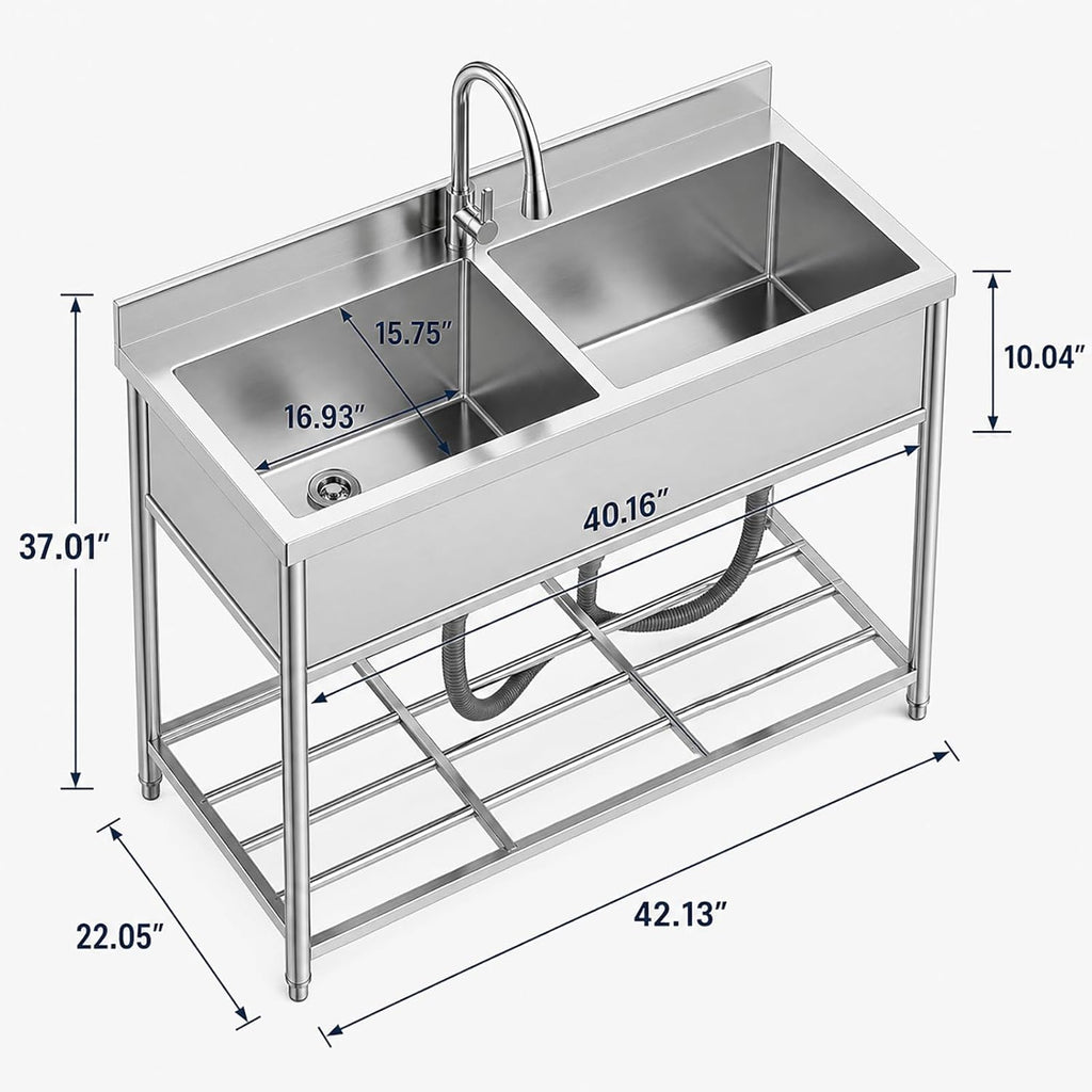 42" x 22" Freestanding Stainless Steel Utility Sink with Pull Down Faucet and Workbench Top, Extra Wide Basin for Laundry Room, Garage, or Workshop