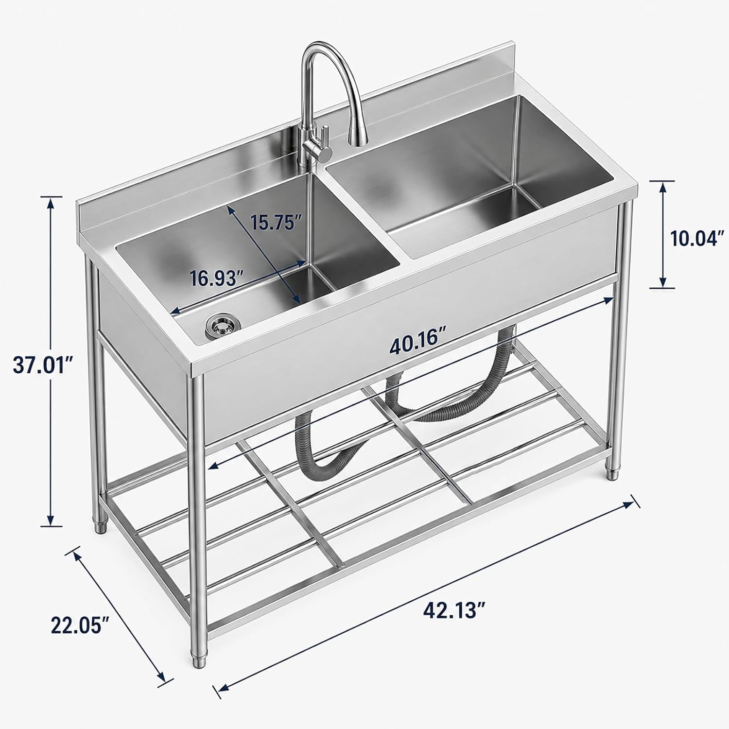 42" x 22" Freestanding Stainless Steel Utility Sink with Pull Down Faucet and Workbench Top, Extra Wide Basin for Laundry Room, Garage, or Workshop