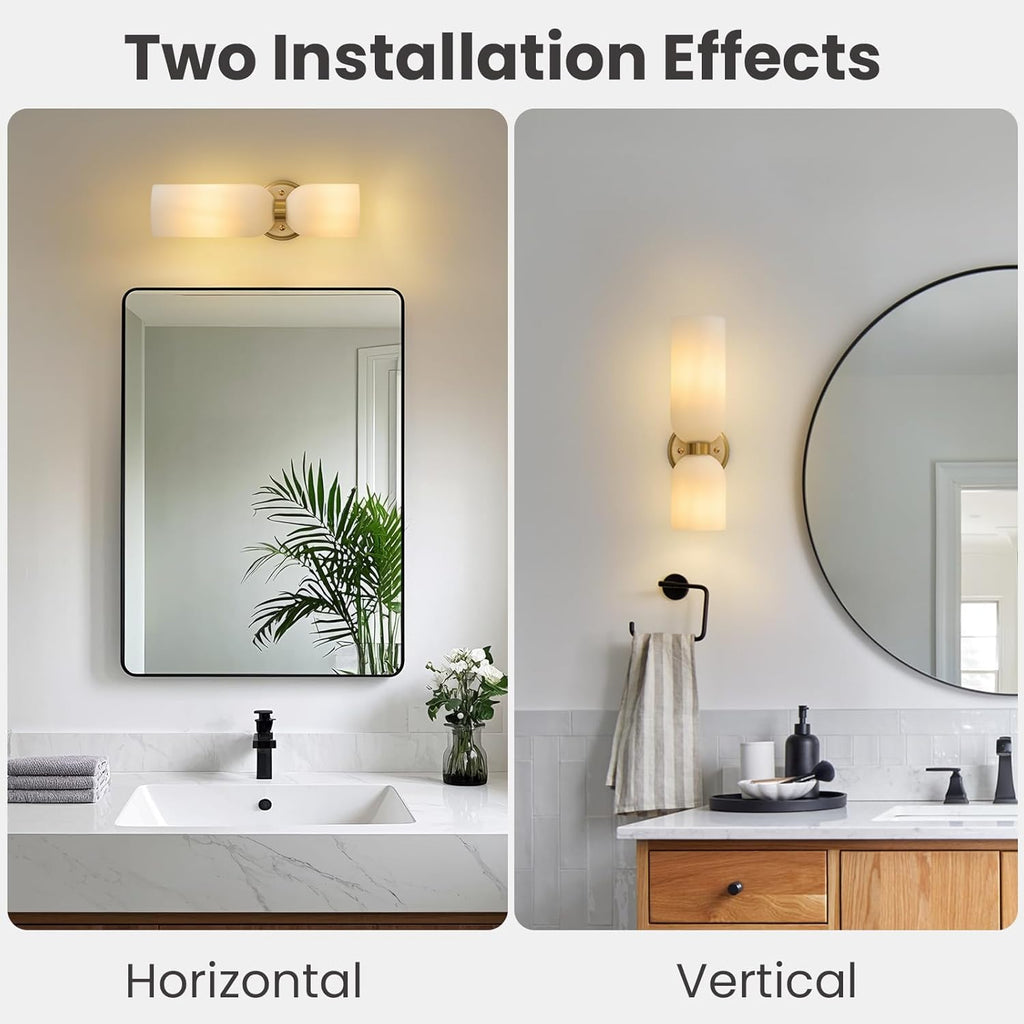 Mid Century Bathroom Wall Sconce - Set of 2 Modern Brushed Gold Brass Sconces - Frosted Milk White Glass Indoor Dimmable Lighting Fixture with Bulb - Double Vanity Lights for Bedroom Living Room Decor